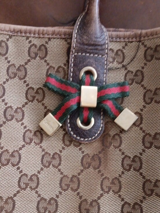 Gucci Handbags - Gucci Beige GG Canvas Tote with Dark Brown Leather and Green-Red Web